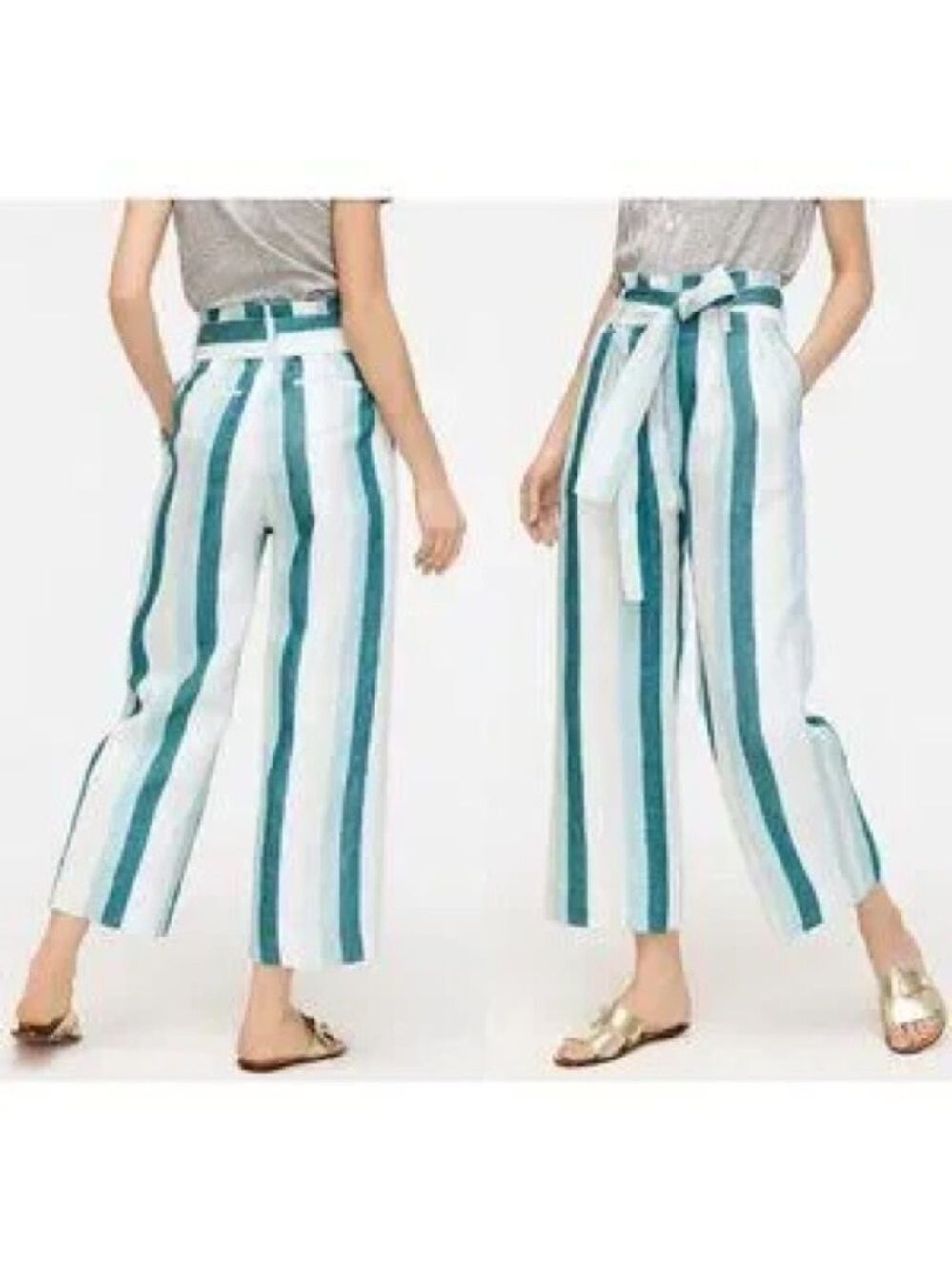 J.Crew aquamarine teal green white striped linen high waisted fabric tie pants 4